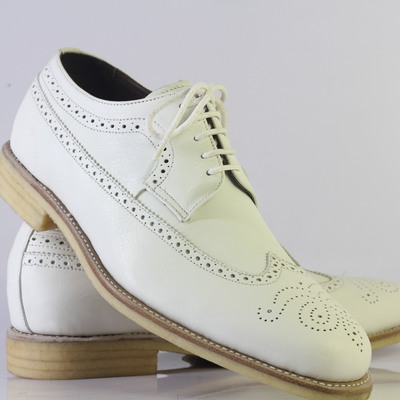 Handmade white wing tip brogue stylish lace up leather shoes for men's - Thumbnail 4