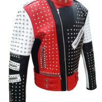 Mens Leather Jacket Red Black Punk Full Silver Spiked Studded Zippered Jacket - Thumbnail 1