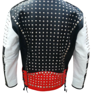 Mens Leather Jacket Red Black Punk Full Silver Spiked Studded Zippered Jacket - Thumbnail 3
