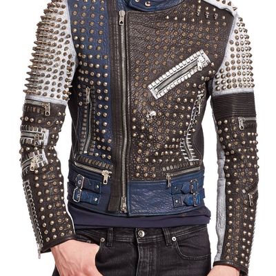 New handmade men golden studded multi color leather jacket men style silver stud