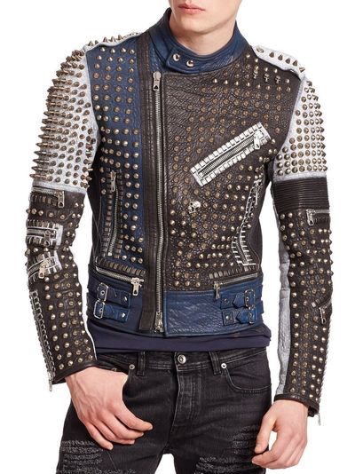 New Handmade Men Golden Studded Multi Color Leather Jacket Men Style Silver Stud