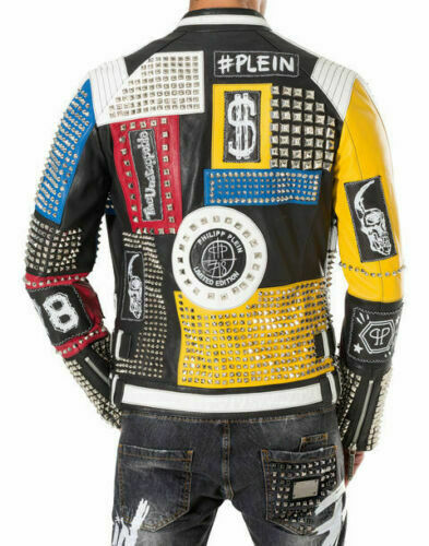 New Philipp Plein Multicolor Full Studded Embroidery Patches Mens Leather Jacket
