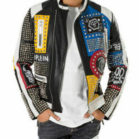 New Philipp Plein Multicolor Full Studded Embroidery Patches Mens Leather Jacket - Thumbnail 4