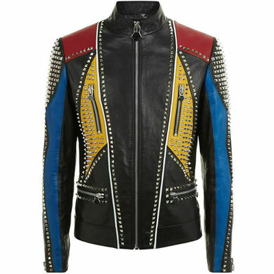 New mens multicolor philip plein full silver studded zippered leather jacket