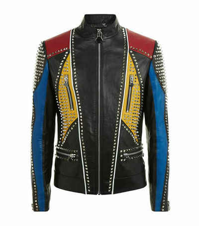 New Mens Multicolor Philip Plein Full Silver Studded Zippered Leather Jacket