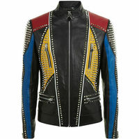 New Mens Multicolor Philip Plein Full Silver Studded Zippered Leather Jacket - Thumbnail 4