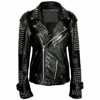 Men's Cowhide Leather Punk Half Silver Studded Black Motorcycle Jacket, Bikers