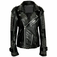 Men's Cowhide Leather Punk Half Silver Studded Black Motorcycle Jacket, Bikers - Thumbnail 4