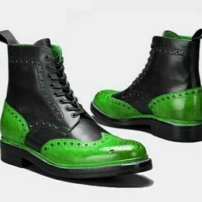 Handmade black and lime green high ankle with full brogue real leather boots - Thumbnail 3