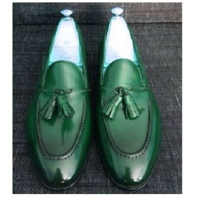Any occasion viridian green apron toe tassel loafer genuine leather party shoes