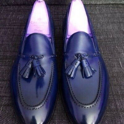 Favorite chambray blue apron toe tassel loafers genuine leather party shoes