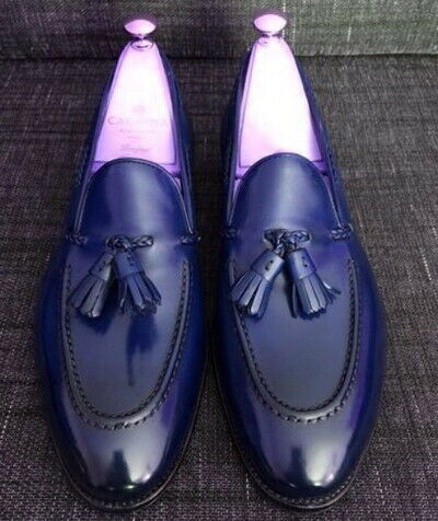 Favorite Chambray Blue Apron Toe Tassel Loafers Genuine Leather Party Shoes