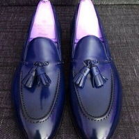 Favorite Chambray Blue Apron Toe Tassel Loafers Genuine Leather Party Shoes - Thumbnail 4