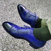 Classic Sapphire Blue Quarter Brogue Premium Quality Balmoral Leather Men Shoes - Thumbnail 1