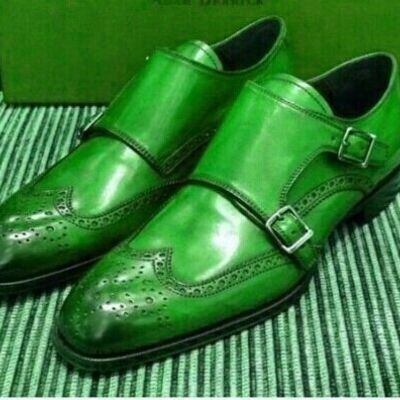 Innovative chateau green dual monk strap brogue wingtip premium leather shoes