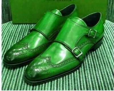 Innovative Chateau Green Dual Monk Strap Brogue Wingtip Premium Leather Shoes