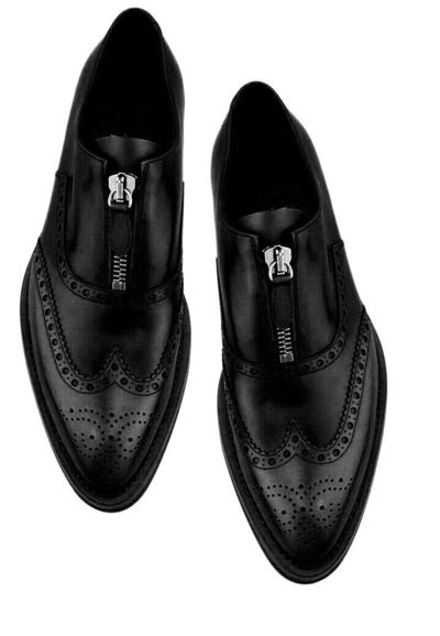 Handmade Black Zipper Oxford Full Brogue Wingtip Men's Pure Leather Dress Shoes