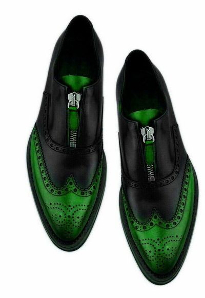 Good Looking Black & Forest Green Zipper Wingtip Premium Leather Men's Shoes