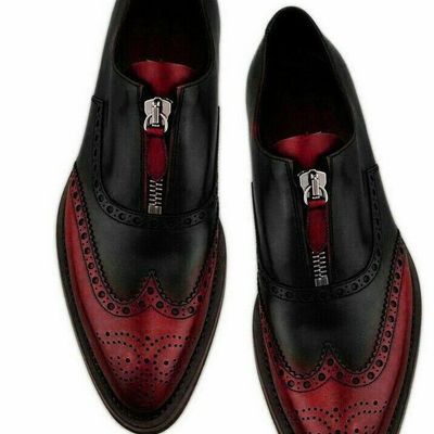 Elegant flame red & black zipper wingtip pure leather formal shoes for men