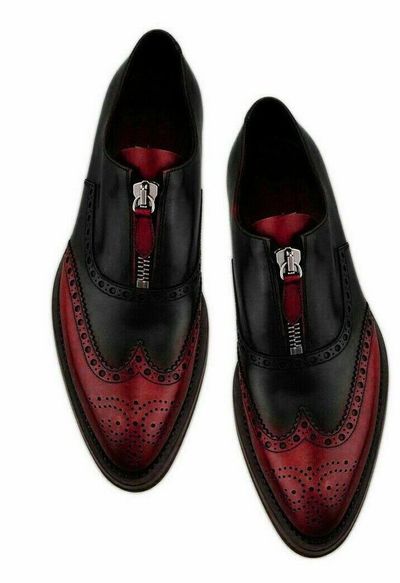 Elegant Flame Red & Black Zipper Wingtip Pure Leather Formal Shoes For Men