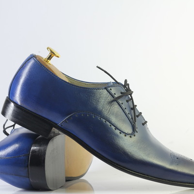 Handmade blue brogue toe stylish lace up leather shoes for men's - Thumbnail 4
