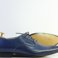 Handmade Blue Brogue Toe Stylish Lace Up Leather Shoes For Men's - Thumbnail 1