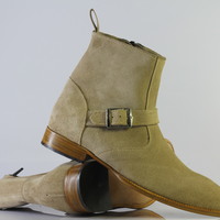 Handmade Men's Ankle High Beige Jodhpurs With Side Zipper Suede Boot For Men's - Thumbnail 1