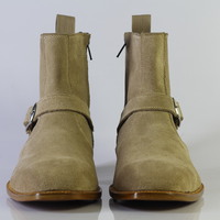 Handmade Men's Ankle High Beige Jodhpurs With Side Zipper Suede Boot For Men's - Thumbnail 3