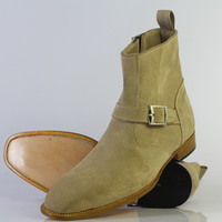 Handmade Men's Ankle High Beige Jodhpurs With Side Zipper Suede Boot For Men's - Thumbnail 2