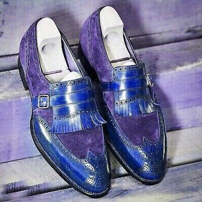 Two tone kiltie wingtip fringes with buckle strap loafers suede leather shoes