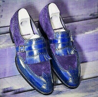 Two Tone Kiltie Wingtip Fringes With Buckle Strap Loafers Suede Leather Shoes