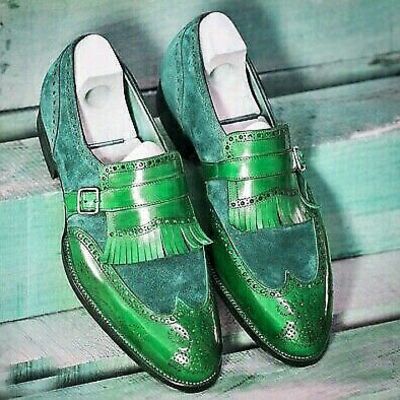 Kiltie green watercourse medallion wingtip loafer suede leather wedding shoes