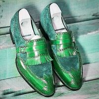 Kiltie Green Watercourse Medallion Wingtip Loafer Suede Leather Wedding Shoes - Thumbnail 4