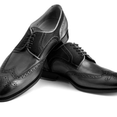 Professional black color medallion wingtip blucher premium leather dress shoes - Thumbnail 4
