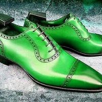 Handcraft Pastel Green Oxford Quarter Toe Quality Leather Men's Wedding Shoes - Thumbnail 4