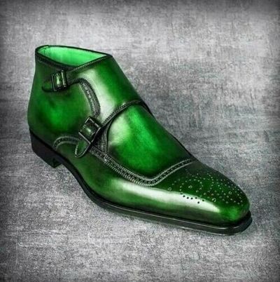 Sophisticated Forest Green Medallion Toe Dual Monk Strap Quality Leather Shoes