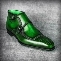 Sophisticated Forest Green Medallion Toe Dual Monk Strap Quality Leather Shoes - Thumbnail 1