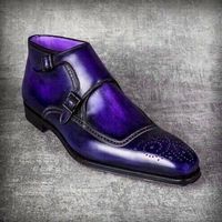 Handmade Indigo Purple Medallion Toe Dual Monk Strap Genuine Leather Dress Shoes - Thumbnail 4