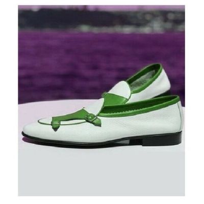 Light weight slip on white and green buckle strap moc toe classic leather shoes