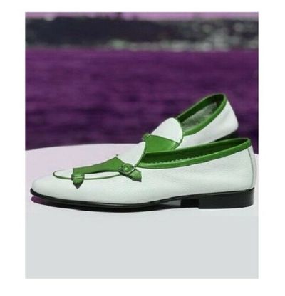 Light Weight Slip On White And Green Buckle Strap Moc Toe Classic Leather Shoes