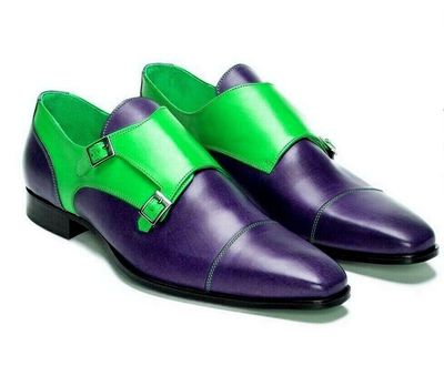 Adorable Malachite Green Christalle Purple Dual Monk Strap Pure Leather Shoes