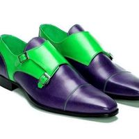 Adorable Malachite Green Christalle Purple Dual Monk Strap Pure Leather Shoes - Thumbnail 4