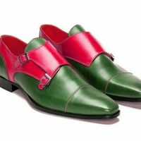 Perfect Myrtle Green Torch Red Double Monk Strap Superior Leather Party Shoes - Thumbnail 1