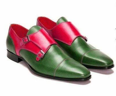 Perfect Myrtle Green Torch Red Double Monk Strap Superior Leather Party Shoes