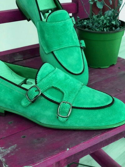 Caribbean Green Double Monk Strap Apron Toe Quality Suede Leather Party Shoes