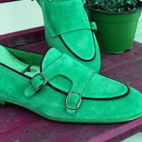 Caribbean Green Double Monk Strap Apron Toe Quality Suede Leather Party Shoes - Thumbnail 4