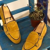 Tan Suede Double Monk Strap Apron Toe Quality Suede Leather Party Shoes - Thumbnail 4