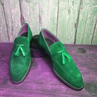 Tassel Loafers Dark Spring Green Moc Toe Classic Suede Leather Wedding Shoes - Thumbnail 1