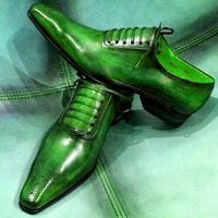 Newly Crusoe Green Stylish Lace Up Brogue Toe Pure Leather Men's Wedding Shoes - Thumbnail 1