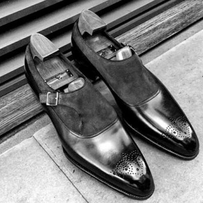 Professional monk strap medallion toe suede leather upper throat line men's shoe